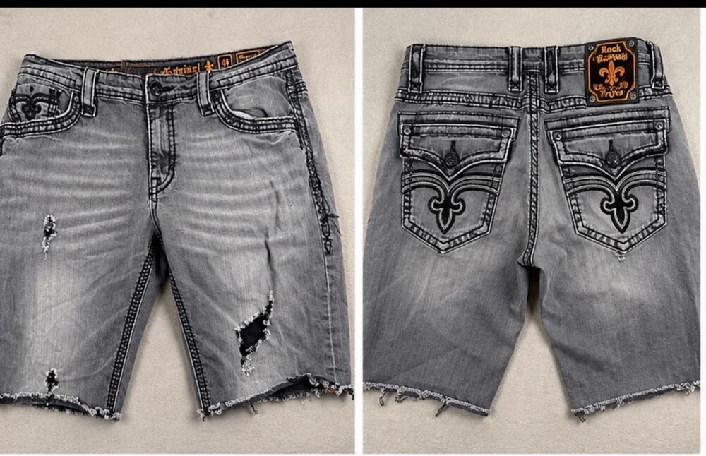 Rock Revival Men’s 40 Gray Distressed Denim Shorts Cutoff Buckle Stitch
